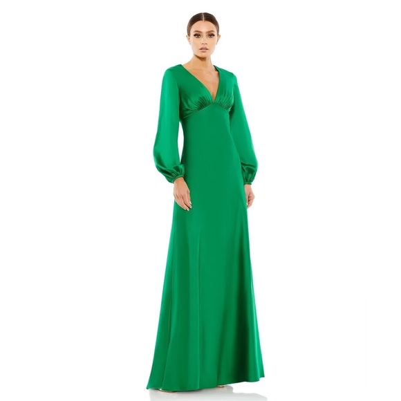 NWT Mac Duggal Womens Puff Sleeve Empire Waist Trumpet Gown Emerald Size 0 55693 - Picture 1 of 9